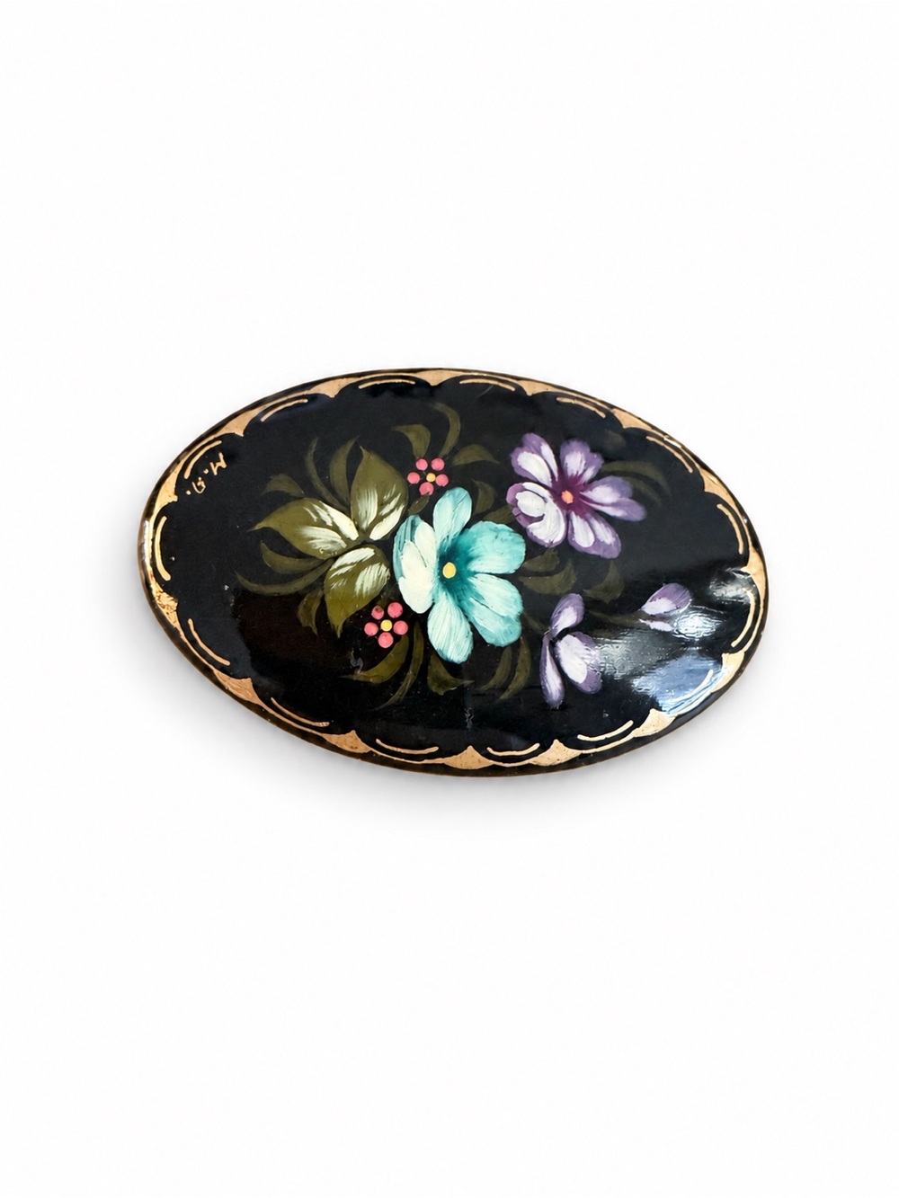 Russian Lacquer Floral Brooch Hand Painted Artist Signed Black Oval